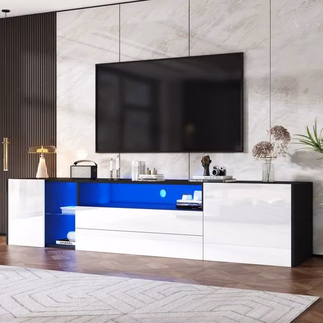 Mobile TV 180 x 40 x 45 cm con LED e 2 cassetti; truciolare e vetro temperato; bianco e nero