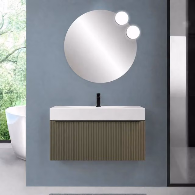 Mobile bagno sospeso 100 cm verde opaco con un cassetto e lavabo alto in resina Nara