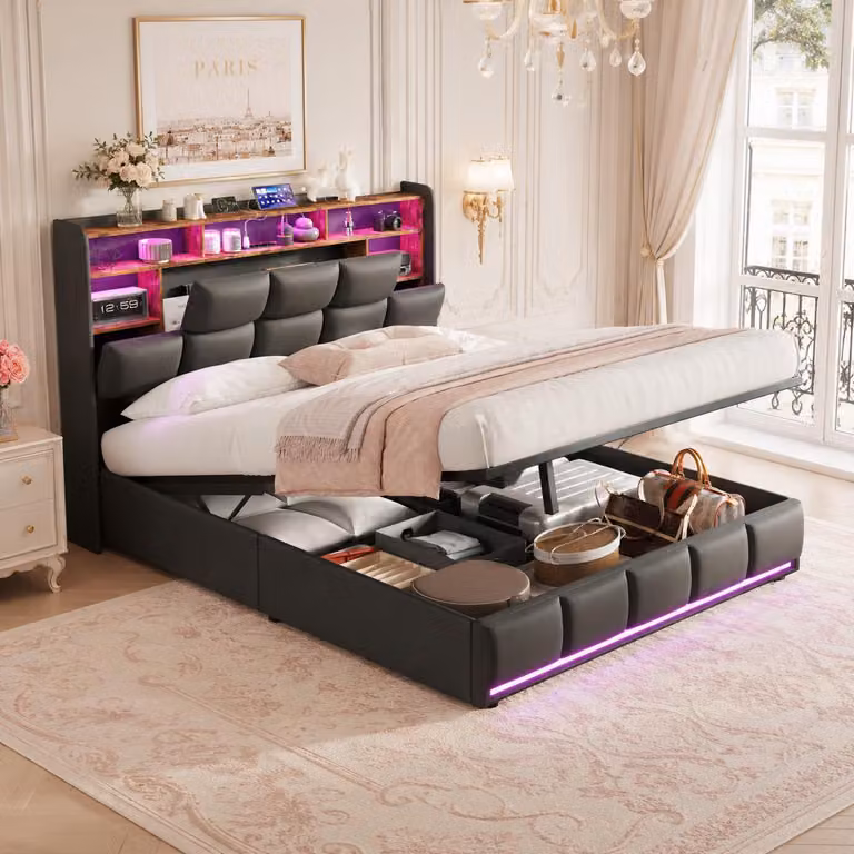 Letto imbottito INONEFT 140x200 cm con LED, prese USB e prese di corrente, letto a molle con contenitore integrato nella testiera, letto matrimoniale con cassettone e rete a doghe, rivestito in ecopelle nera
