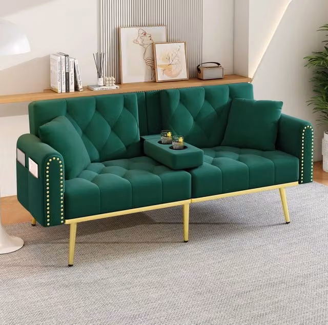 Divano letto in velluto verde; schienale regolabile a 3 inclinazioni; 175 × 80 cm