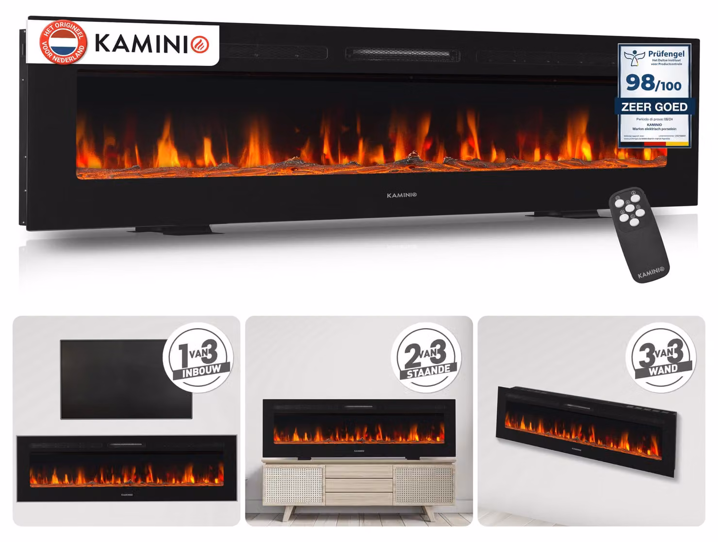 Stufa elettrica multifunzione 3-in-1, autoportante - 1800 Watt - Larghezza 177,8 cm - Vetro temperato - Camino decorativo