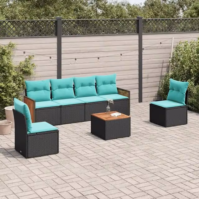 Set da giardino vidaXL composto da 7 pezzi in polyrattan con cuscini color nero, blu e turchese per esterno