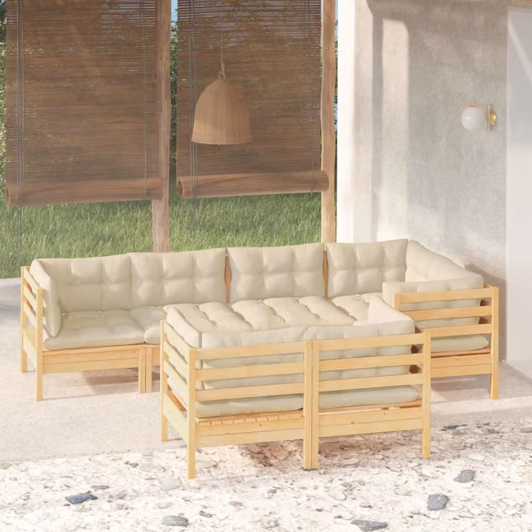 The Living Store Set da salotto da giardino 7 pezzi con cuscini crema in legno di pino massiccio