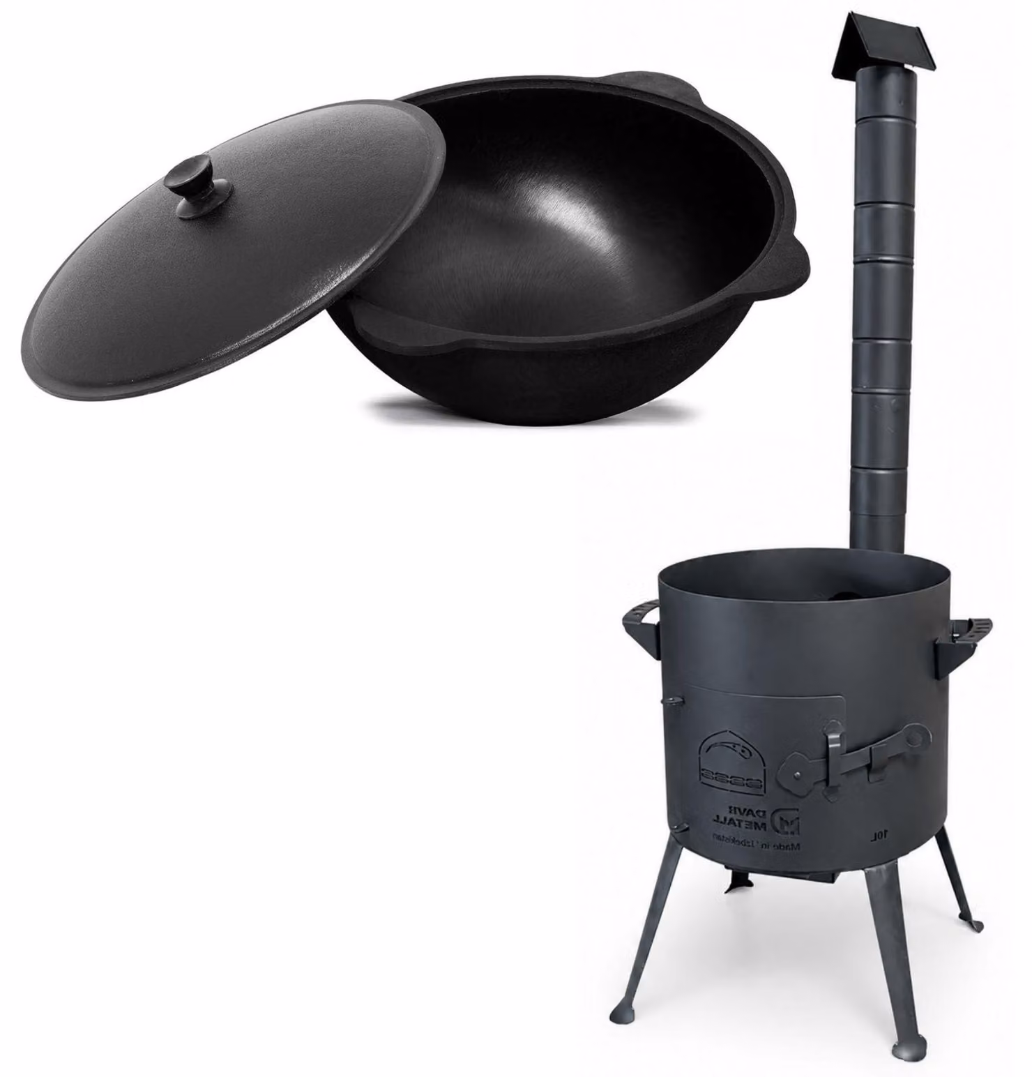 Ø36 cm Uchag in acciaio da 2 mm con tubo di scarico, 8 L, Kazan, WOK, Kasan, ghisa, Utschak, Utschag, focolare, cucina da campo, fornello da campeggio, cucina da esterno, fornello per stufati