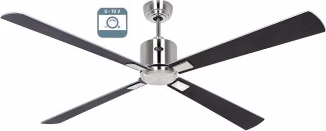 Ventilatore a soffitto CasaFan ECO NEO III 152 con corpo in acciaio cromo spazzolato e pale in legno color wenge e grigio