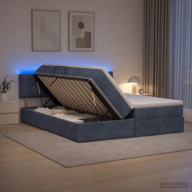 Letto con contenitore e materasso a molle vidaXL, rivestimento in velluto grigio, con illuminazione LED e porta USB, L/P/H: 180 x 200 x 140 cm