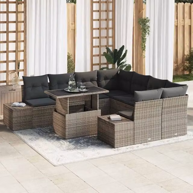 Set Divano da Giardino vidaXL 9 pz Grigio a forma di U con Tavolino e Cuscini – 1
