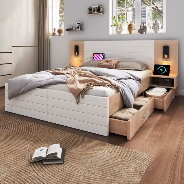 Letto matrimoniale 160x200 cm con 2 comodini; 2 cassetti; luce 360° e USB; massello/MDF; bianco e rovere chiaro