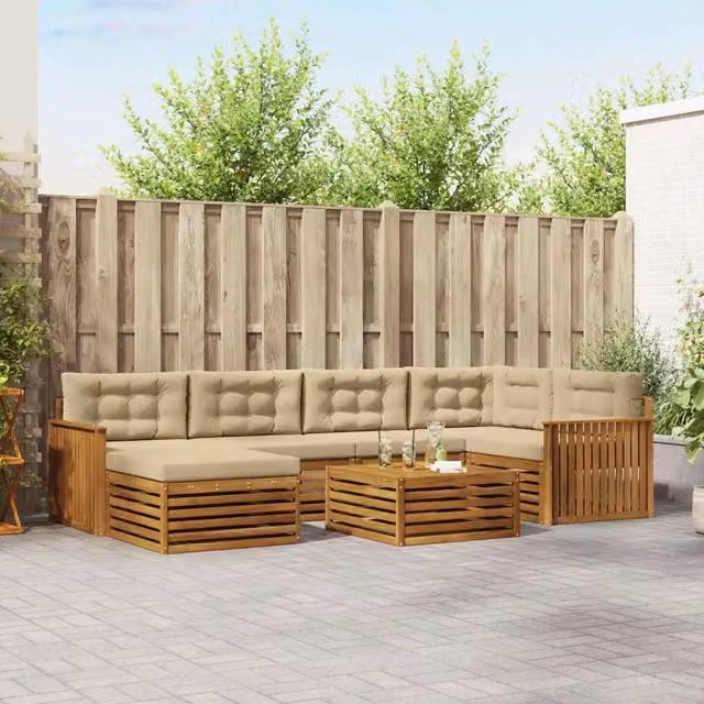 Set di divani da esterno vidaXL a forma di L composto da 7 pezzi in legno di acacia con cuscini beige e tavolino da giardino