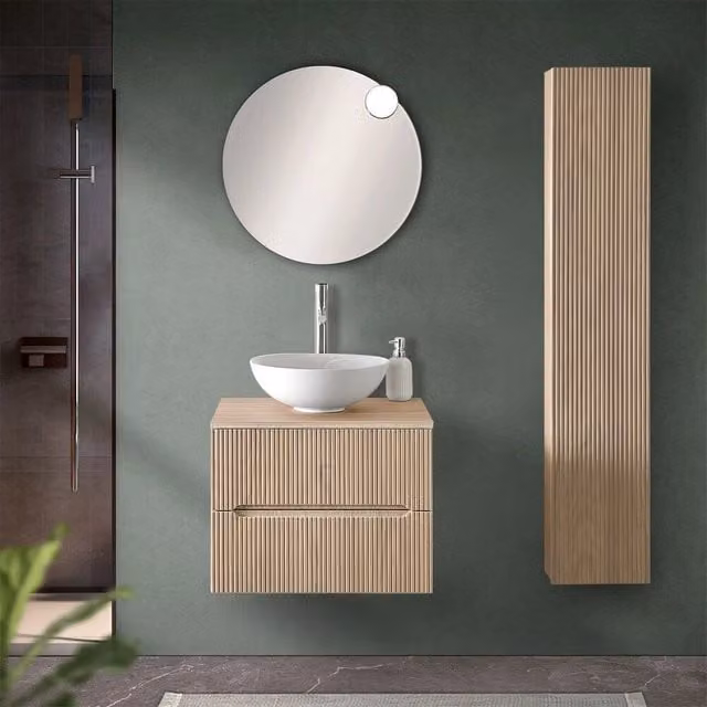 Mobile bagno sospeso cannettato rovere chiaro con top Bali e ante beige L: 60 cm, P: 45,4 cm, H: 45 cm