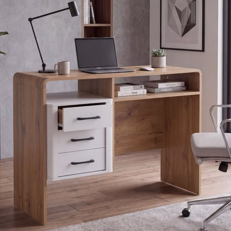 Scrivania HWC-P43, scrivania da ufficio e da computer, 3 cassetti in MDF 75x100x40 cm ~ effetto rovere Wotan, bianco