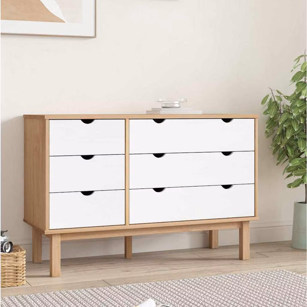 Cassettiera OTTA vidaXL in legno di pino, stile scandinavo, Marrone e Bianco, L 111 cm x P 43 cm x H 73,5 cm