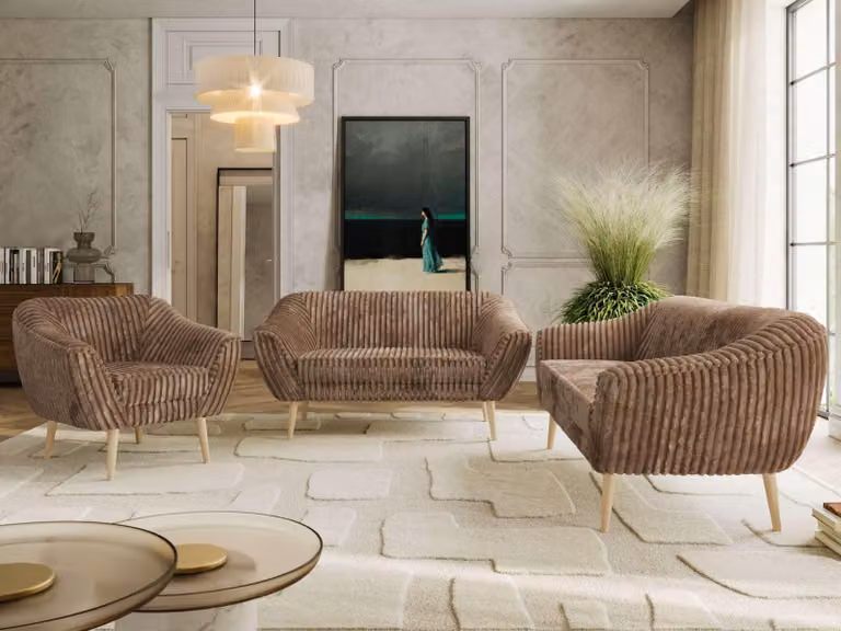 Divano componibile MKS MEBLE PIRS 1-2-3, set completo in stile scandinavo, con sospensioni a molle, gambe in legno di faggio, gruppo sedute, set di mobili, set con braccioli - colore marrone corda