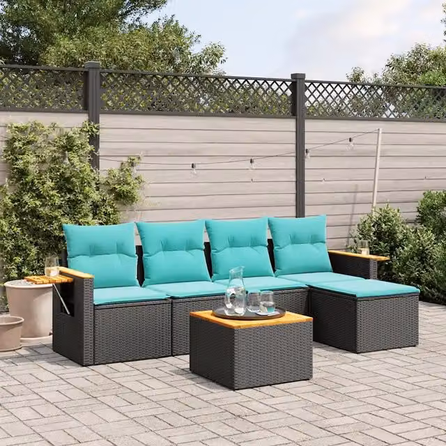 Set di Divani da Giardino VIDAXL a Forma di L in Polyrattan Nero con Cuscini e Tavolino da 6 Pezzi – 1