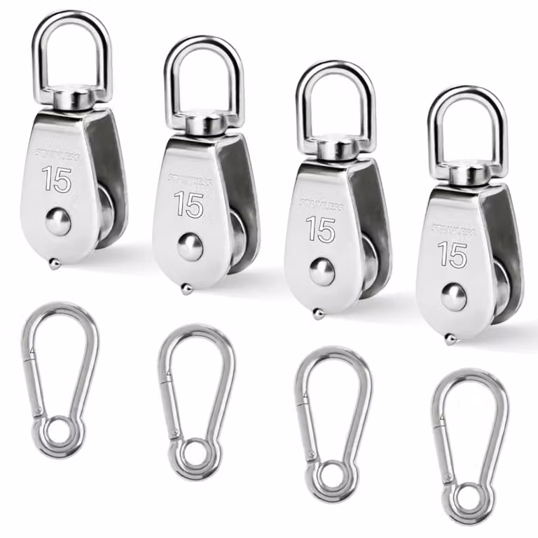 Set di 4 carrucole in acciaio inossidabile M15, capacità di 35 kg, complete di ganci a moschettone
