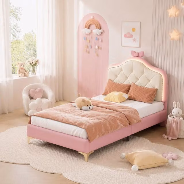 Letto singolo imbottito rosa con LED multicolori e listelli in legno, 90x200 cm