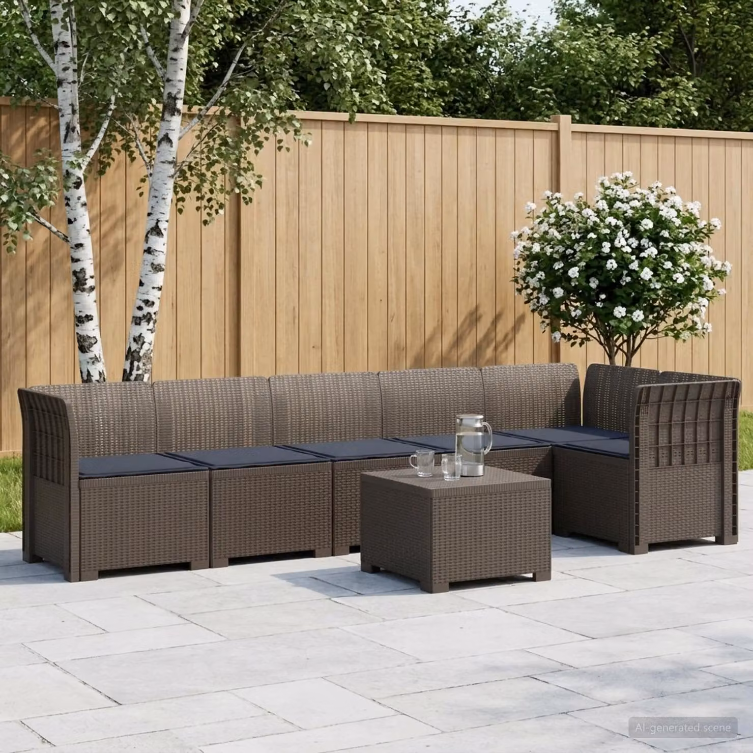 Set da giardino vidaXL a forma di L con divano da 6 posti, elementi angolari e tavolino, in rattan e tessuto resistente alle intemperie, grigio e marrone