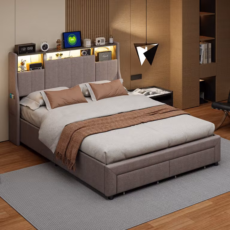 Letto imbottito Fortuna Lai 140x200 cm con 2 cassetti, testiera con vano contenitore e porta USB, rete a doghe, grigio, senza materasso