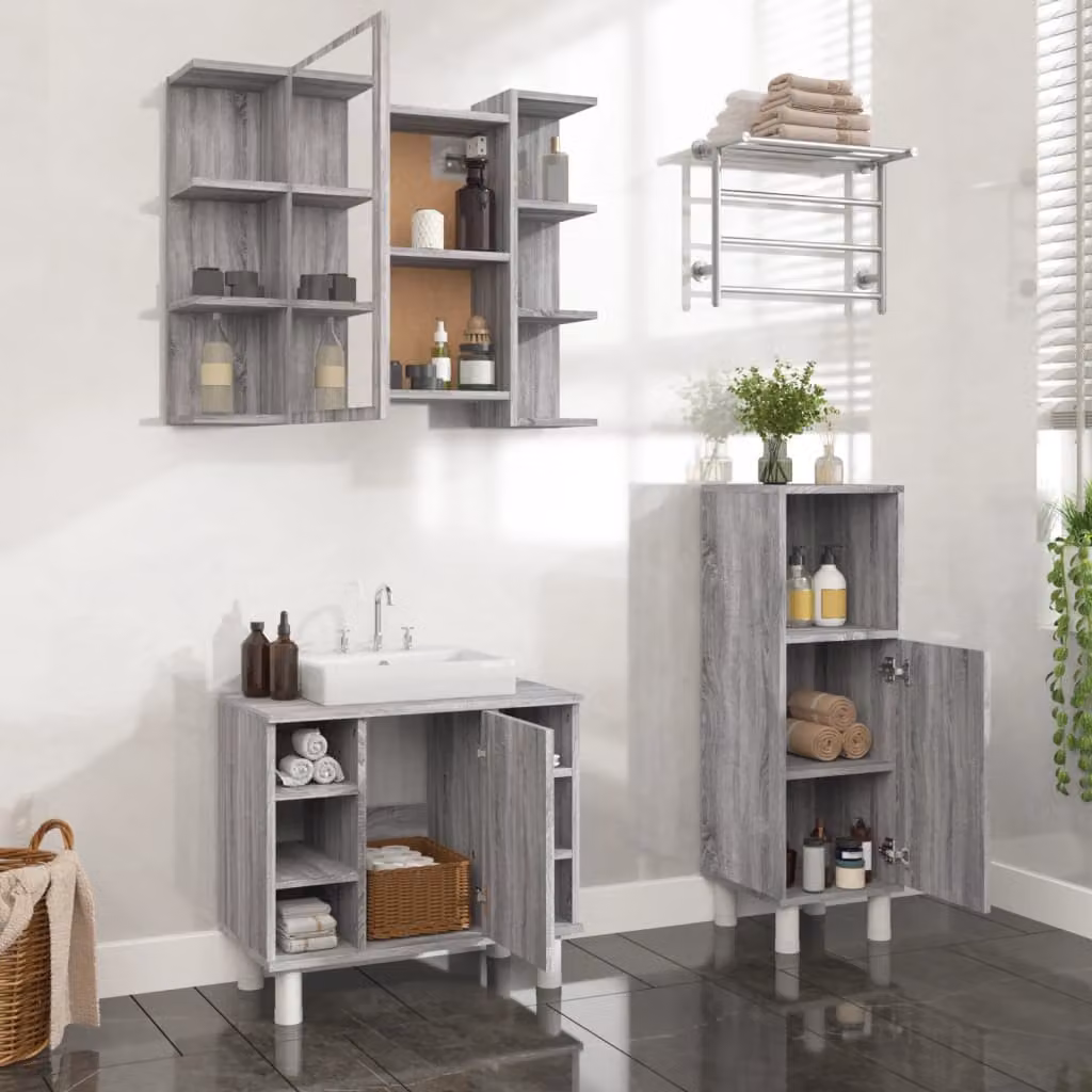 Set di mobili da bagno vidaXL 3 pezzi Grigio con mobile lavabo, armadietto specchio e colonna, in legno e plastica, stile moderno
