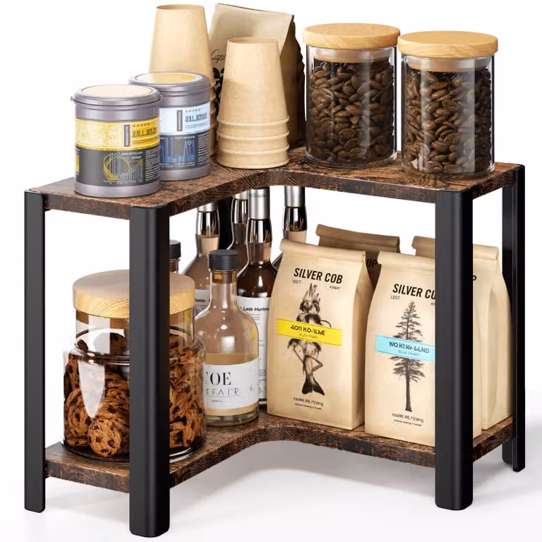 Omgoods - Portaoggetti elegante per angolo caffè e piano di lavoro – Scaffale angolare salvaspazio in legno e metallo