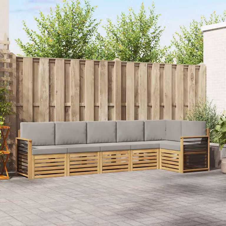 vidaXL Set di divani da esterno a forma di L composto da 6 pezzi in legno di acacia, Bianco e Grigio