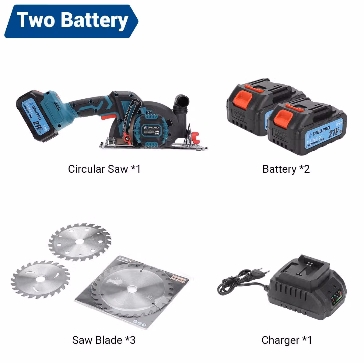 Sega circolare a batteria - Sega circolare portatile - 21 V - 1800 W - 8000 giri/min - Angolo di taglio regolabile a 45° - 2 batterie - Lame da taglio da 165/150/125 mm
