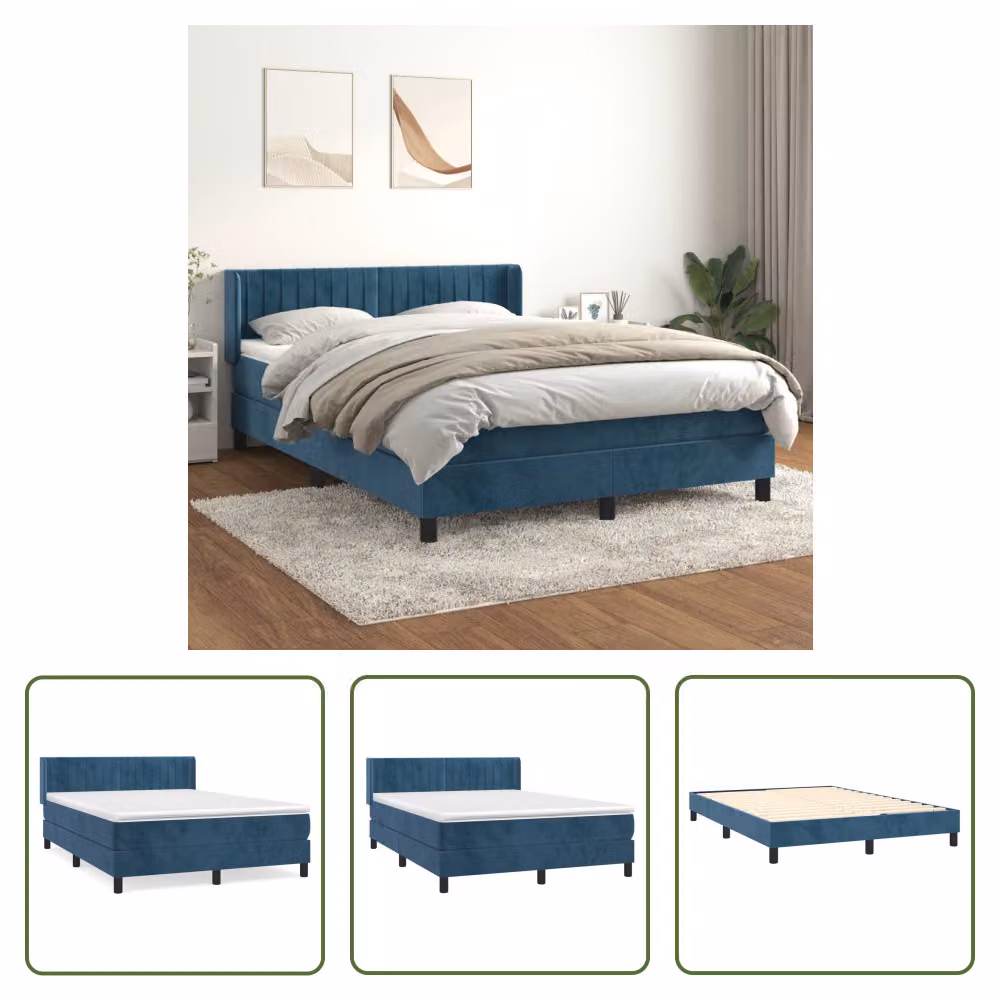 The Living Store Letto a molle con materasso blu scuro 140x190 cm in velluto