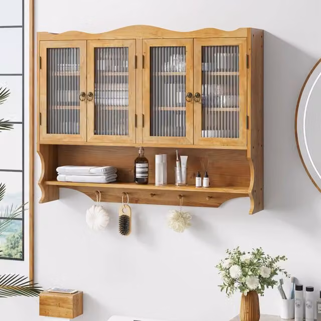Armadietto 100x20x80 cm con 4 ante e ganci in legno e vetro naturale