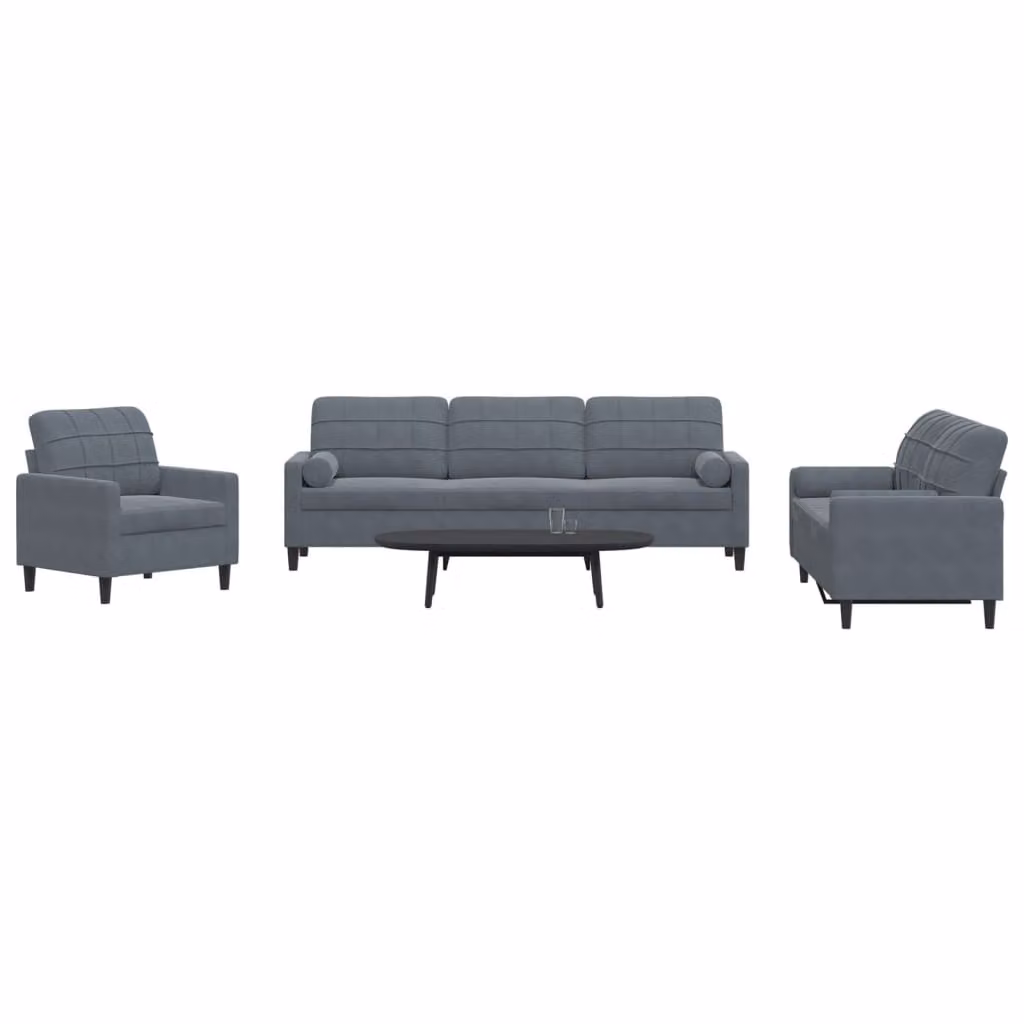 Set di divani vidaXL da 3 pezzi in velluto grigio con cuscini e struttura in metallo per soggiorno – 1