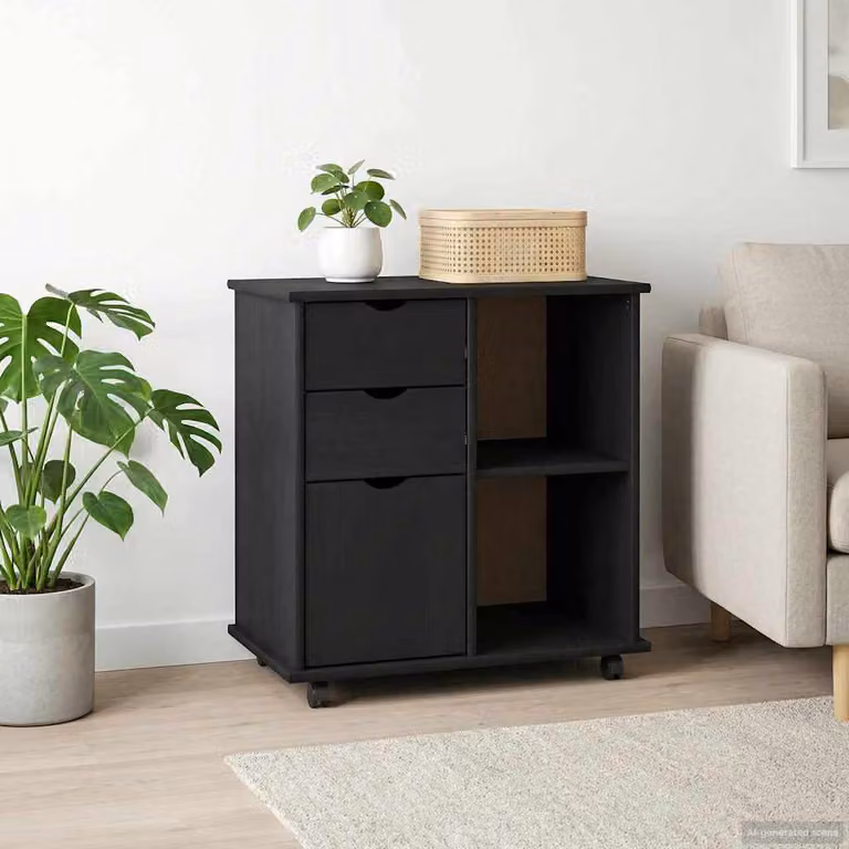 Carrello mobile con ruote vidaXL in legno di pino massello nero L: 63,5 cm, P: 39 cm, H: 65,5 cm