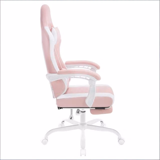 Sedia da gaming ergonomica con poggiapiedi e schienale reclinabile in tessuto mesh rosa e bianco