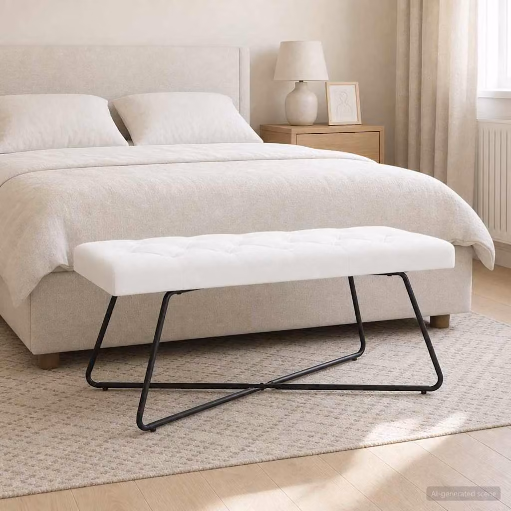 Panchina moderna vidaXL con bottoni imbottiti in tessuto bianco L: 110 cm, P: 40 cm, H: 46 cm