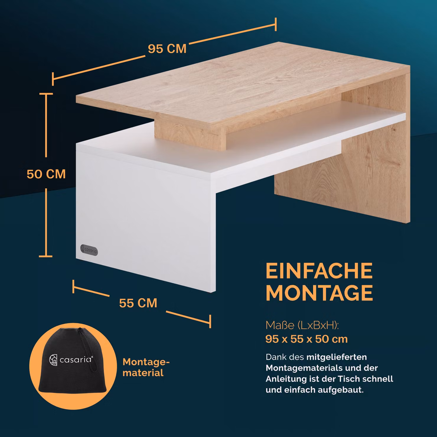 Tavolino Sacramento CASARIA bianco e quercia con meccanismo sollevabile L: 95 cm, P: 55 cm, H: 50 cm – 3