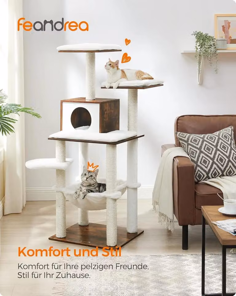 Arredamento per gatti - Tiragraffi e struttura per arrampicata - 5 livelli - Legno - Tessuto in peluche da 500 g/m² - Finitura rustica - Giallo