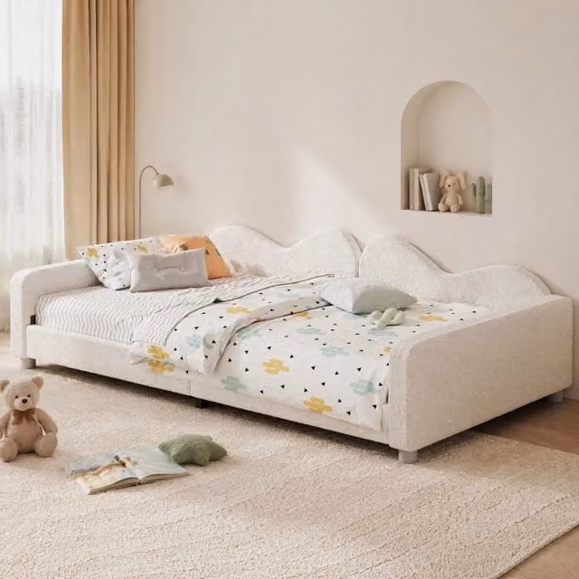 Letto per bambini imbottito 90x200 cm in tessuto Teddy bianco con schienale e braccioli, letto multifunzionale con rete a doghe
