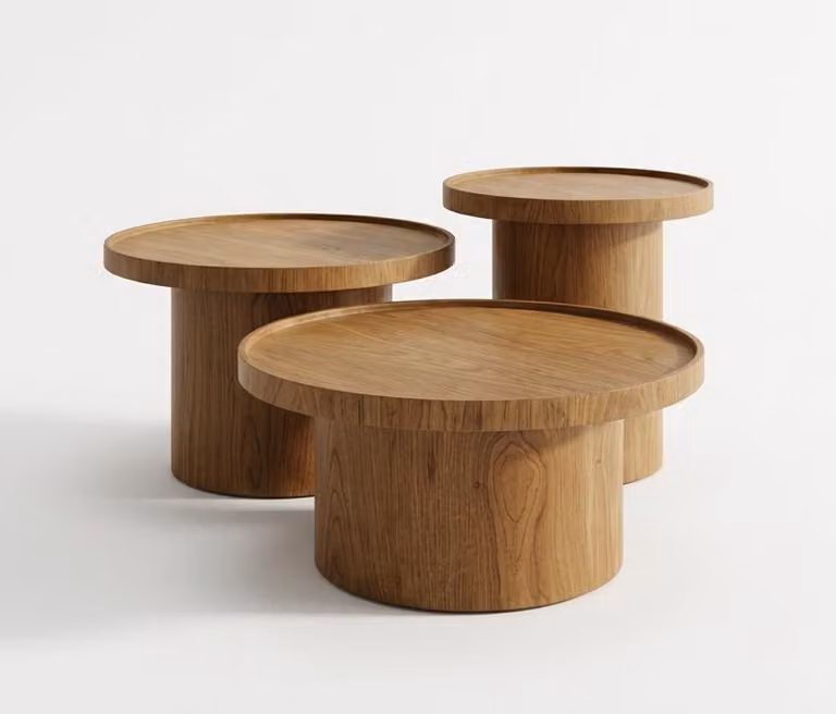 Set di tavolini da caffè, colore marrone, stile moderno, piano in legno, gambe in legno, forma rotonda