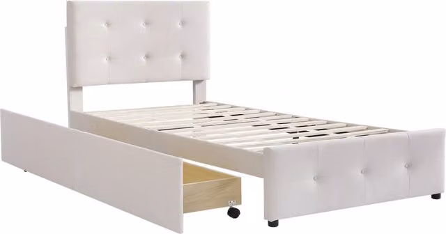 Letto imbottito singolo 90x200 cm con rete a doghe, testiera e due cassetti, tessuto in velluto beige, senza materasso
