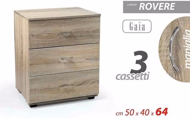 Trade Shop - Mobile Cassettiera Gaia Legno Rovere 3 Cassetti 50x40x64cm Design Moderno 769474 -