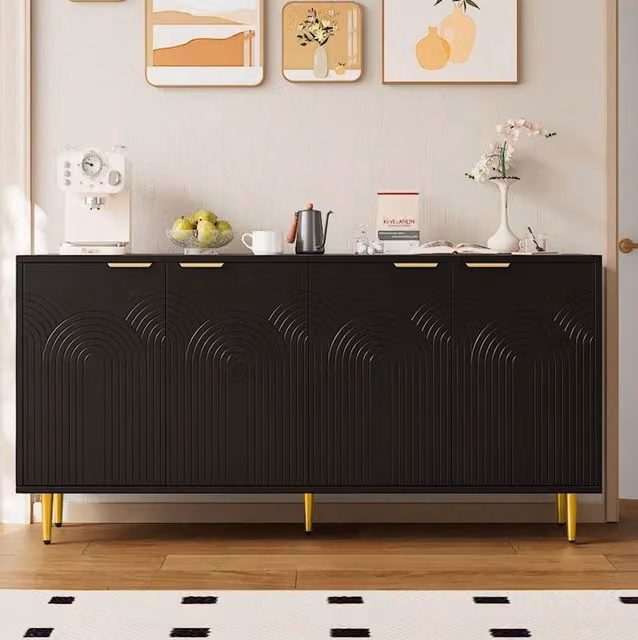 Madia con 4 Ante Nera con Maniglie Dorate Spazzolate e Gambe Lucide 160x80x40 cm