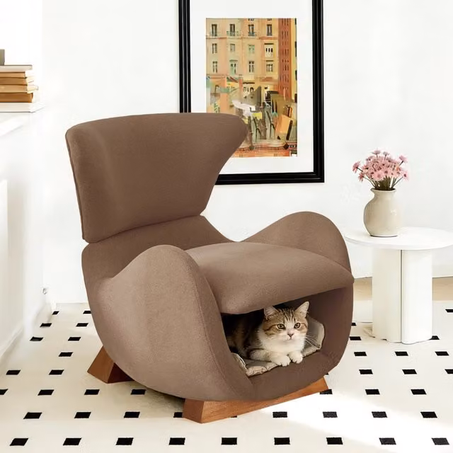 Poltrona per gatti e cani piccoli OKWISH con nicchia, imbottita in tessuto antigraffio, marrone e grigio, L: 66 cm, P: 69 cm, H: 76 cm – 1