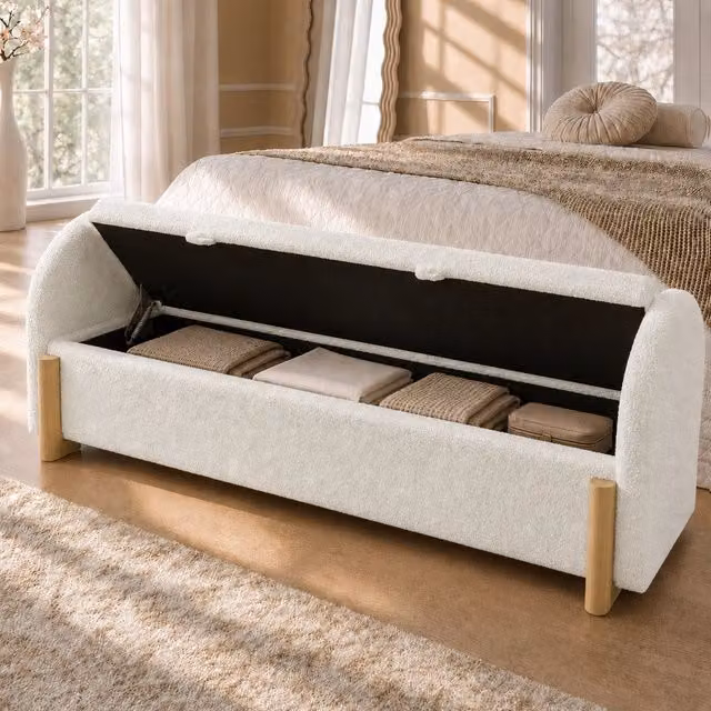 Panca contenitore Mivray in bouclé di ciniglia bianca con gambe a U in legno L: 166 cm, P: 61 cm, H: 47 cm