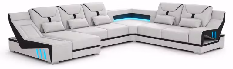 Divano angolare a 3 posti, design moderno, colore bianco, rivestito in pelle, con illuminazione a LED, nuovo