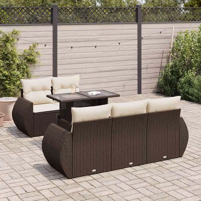Set Divano da Giardino vidaXL 6 pz in Polyrattan Marrone con Cuscini Bianchi