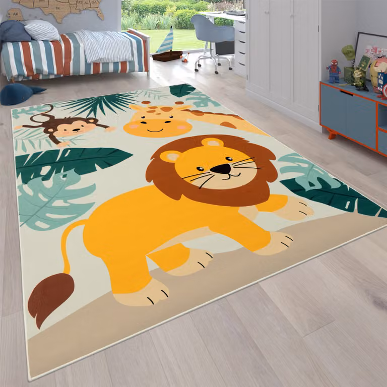 Tappeto per bambini Bini beige con motivo animalier, lavabile e antiscivolo, L: 160 cm x P: 220 cm