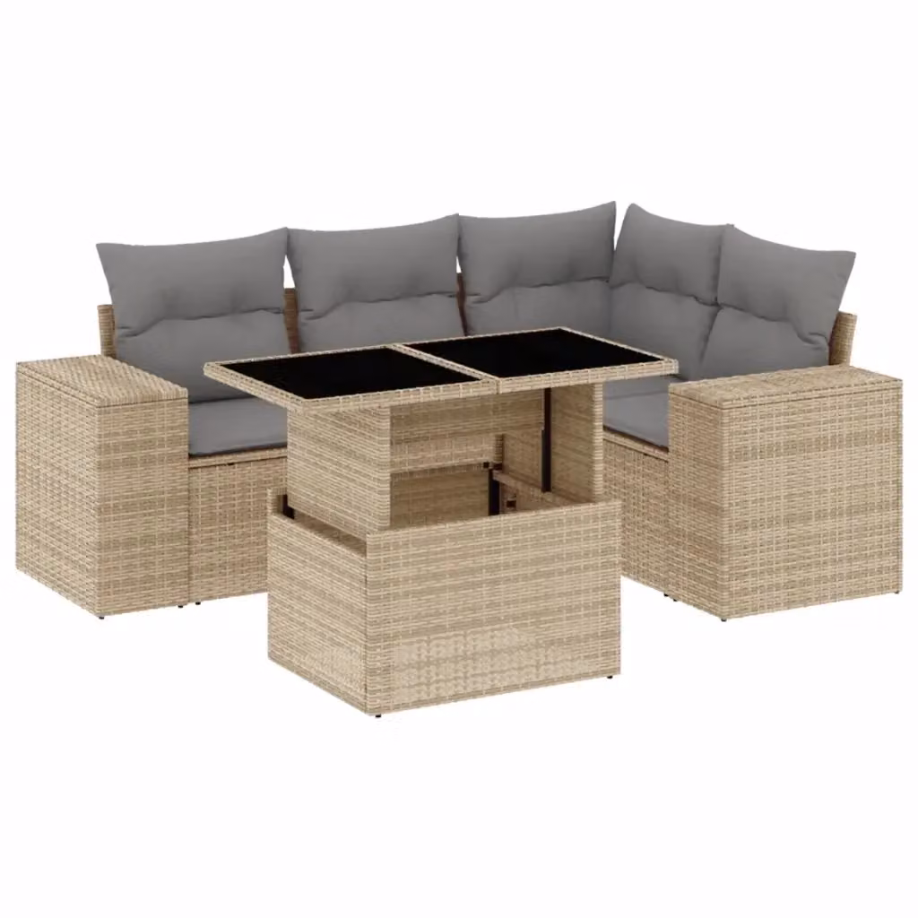 Set Divano da Giardino a L vidaXL 5 pz con Cuscini Beige e Tavolino in Polyrattan e Metallo – 2