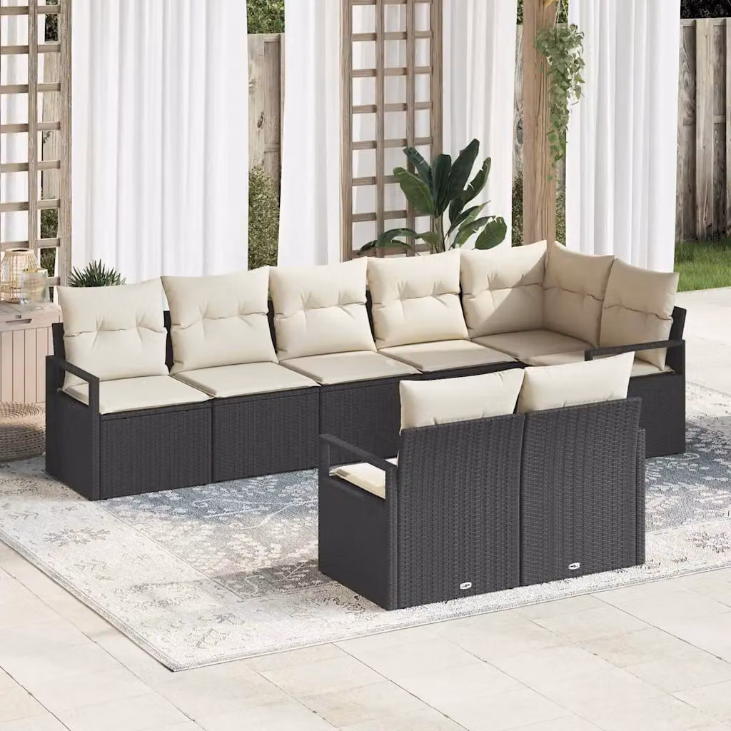 Set di divani da giardino vidaXL in polyrattan nero con cuscini beige e struttura in metallo, 8 pezzi – 1