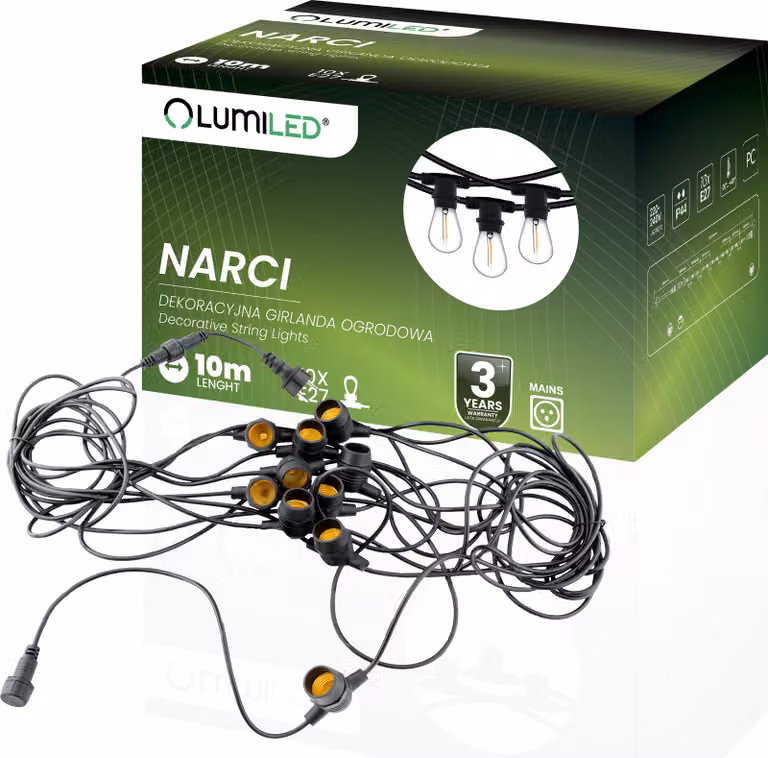 Catena luminosa LED per esterni, 10 metri, con 10 portalampade E27, 230V, adatte per illuminare giardini, birrerie, feste, matrimoni, decorazioni per terrazze. Estendibile e alimentata a corrente