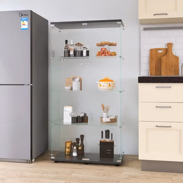 Vetrinetta in Vetro,Vetrina Soggiorno Moderna con 4 Ripiani in Vetro con 2Porta e Serratura,Vetrine per Collezionismo,(nero+Nessun LED, 164x80.5×36.5cm)
