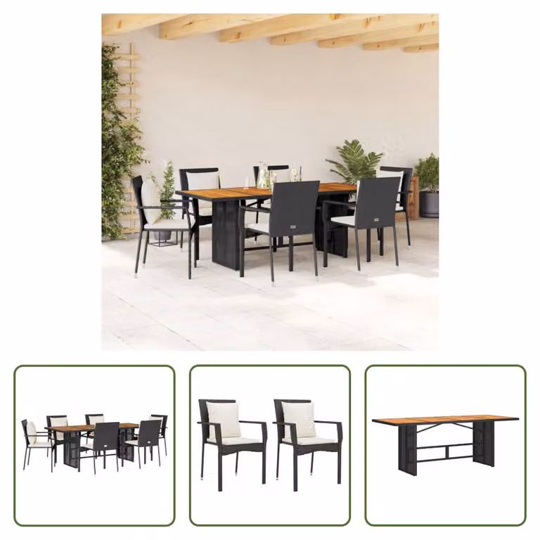 The Living Store Set da pranzo da giardino 7 pezzi con cuscini in polirattan nero