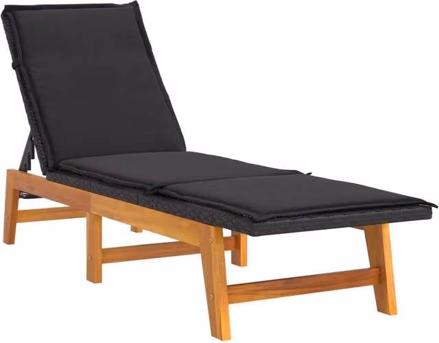 Lettino prendisole con cuscino nero e marrone in polyrattan e legno di acacia massello con poggiatesta regolabile – 1
